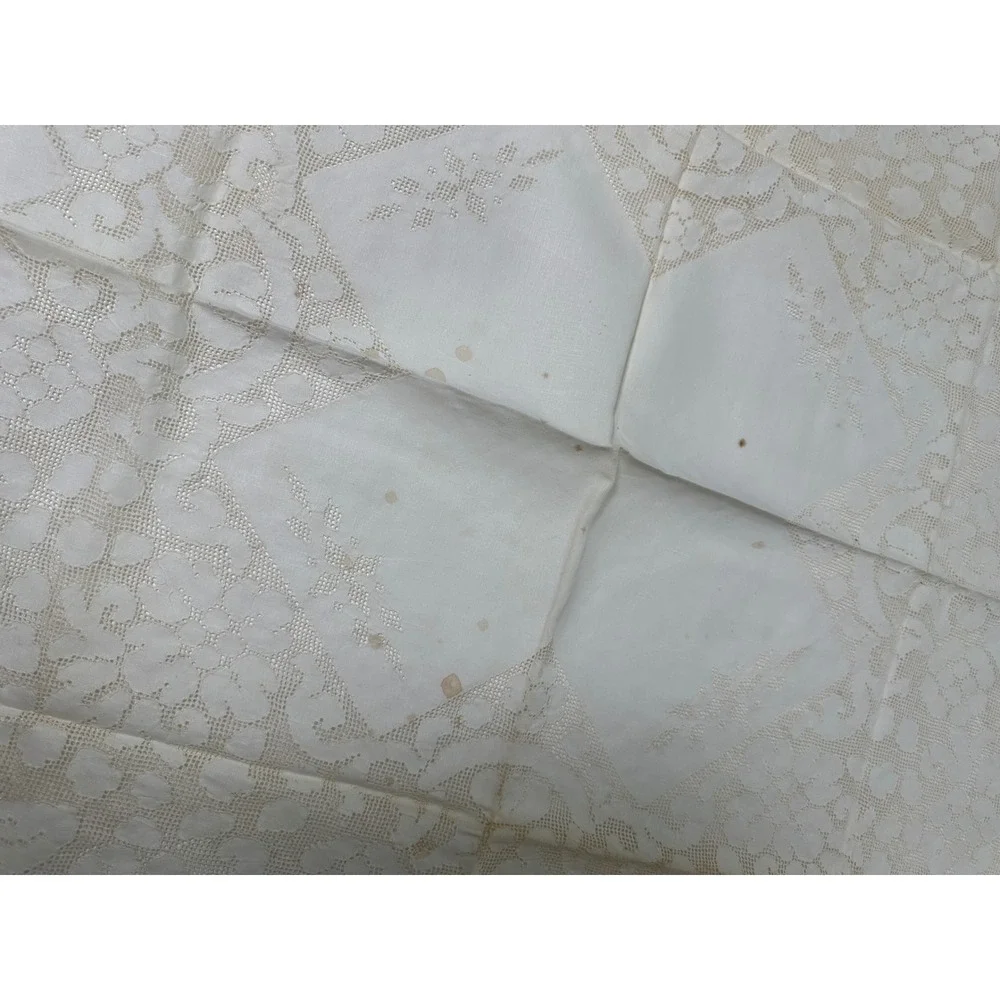 Vintage 1940s Pure Linen Tablecloth Napkins Set NOS Lace Floral White 7pc Set